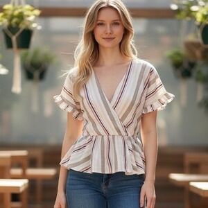Mi Ami Francescas Striped Peplum Top Flutter Sleeve Boho Coastal Cottagecore M